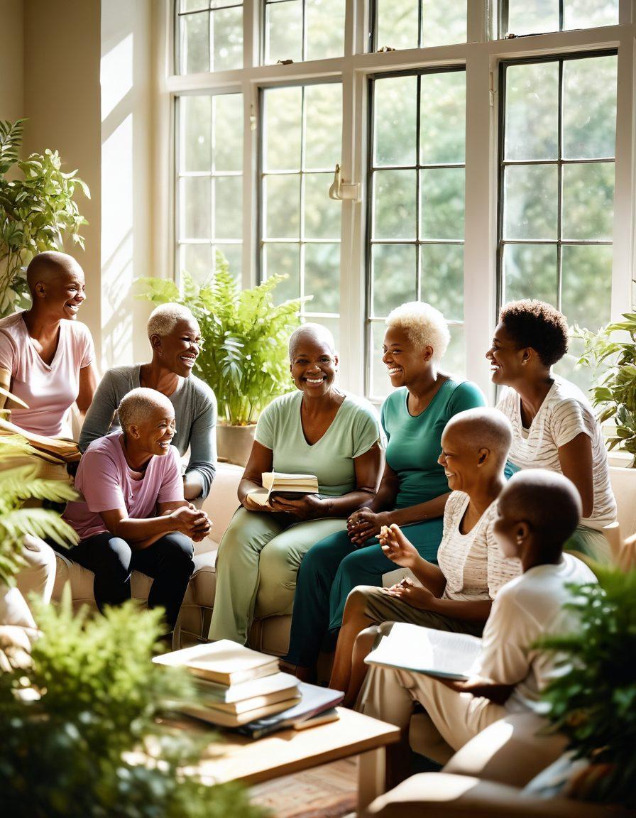 A diverse group of cancer survivors gathered in a sunlit room, sharing stories and laughter, surrounded by supportive materials like books and motivational posters. Soft natural light streams through large windows, creating an uplifting atmosphere. The scene emphasizes connection, resilience, and hope, with a subtle backdrop of gentle green plants symbolizing growth. super-realistic. warm colors. soft focus.