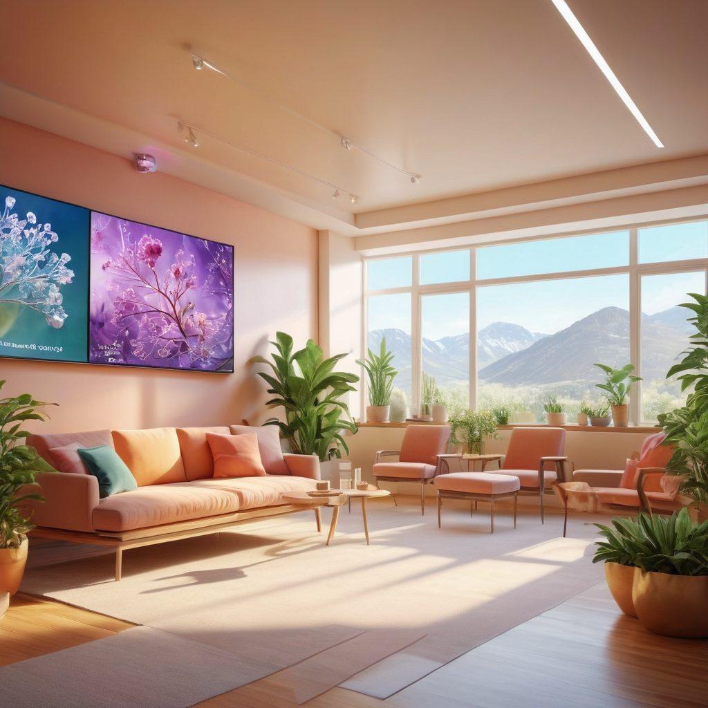 A serene, light-filled healthcare setting where a diverse group of cancer patients engage in supportive group therapy, surrounded by researchers discussing the latest treatment findings on a digital screen. Soft natural elements like plants and healing crystals enhance the wellness atmosphere. Include infographics on wellness practices subtly in the background. vibrant colors. super-realistic. soothing ambiance.